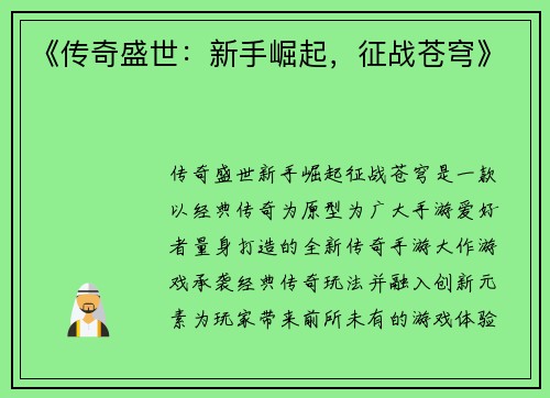 《传奇盛世：新手崛起，征战苍穹》