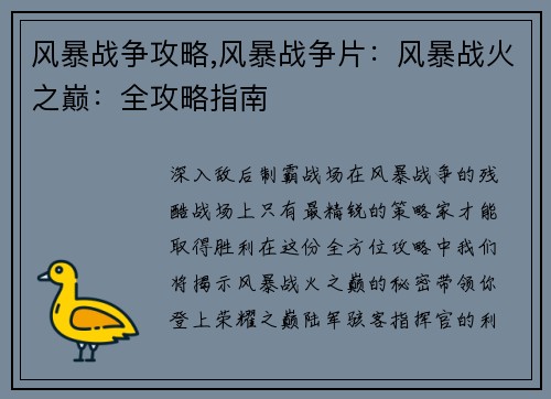 风暴战争攻略,风暴战争片：风暴战火之巅：全攻略指南